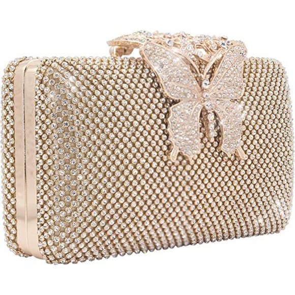 NEW Sparkling Bling Crystal Rhinestone Clutch Butterfly Purse: Silver Go… - Picture 9 of 13